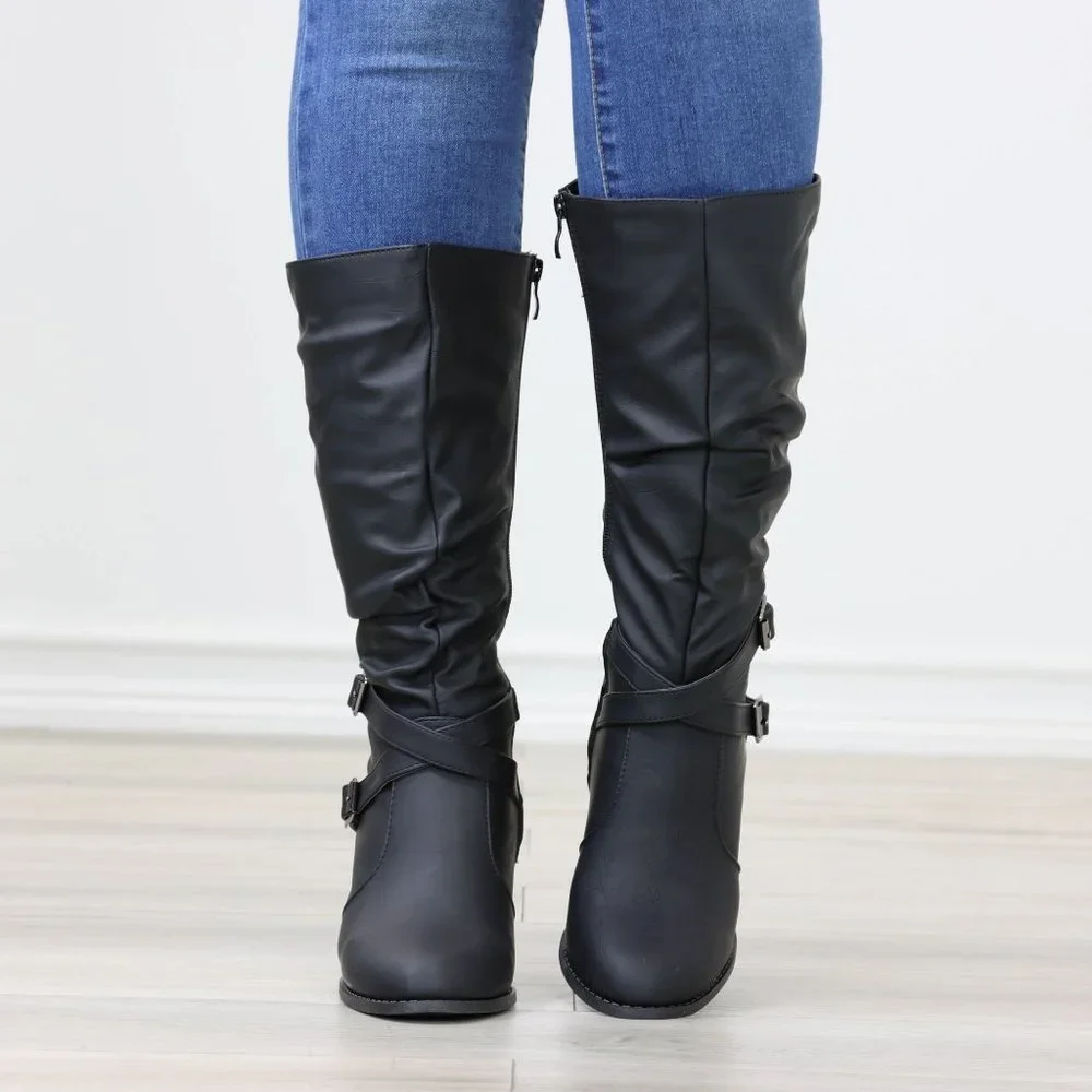 Black Mid Calf Block Heeled Boots Synthetic Leather Pointed Toe Womens - Picture 7 of 15